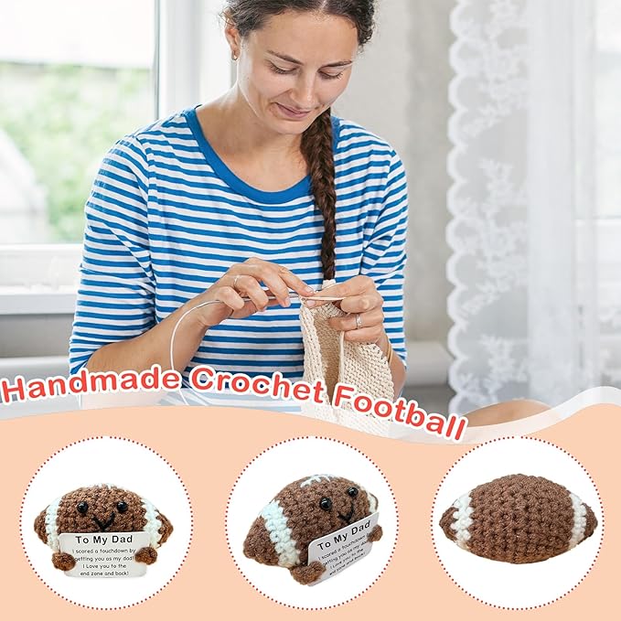 Zelaxeyi Mini Handmade Crochet Football Birthday Gift for Dad, Emotional Support Football Son Daughter Gift for Dad, I Love You Decor for Father