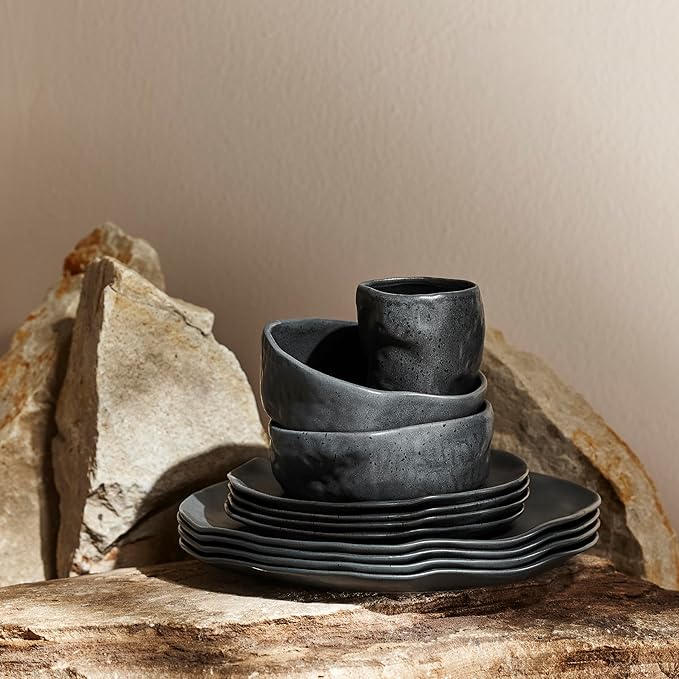 Stone by Mercer Project Atik Modern Stoneware 16-Piece Dinnerware Set, Plate and Bowl Set, Dish set for 4, Charcoal Black Speckled