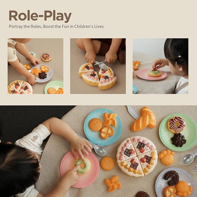 GILOBABY Toy Food for Toddlers, Pretend Play Toys for Toddlers with Dessert Cakes and Kitchen Accessories, Learning & Educational Tea Party Set for Girls 3 Year and Up, 34 Pcs