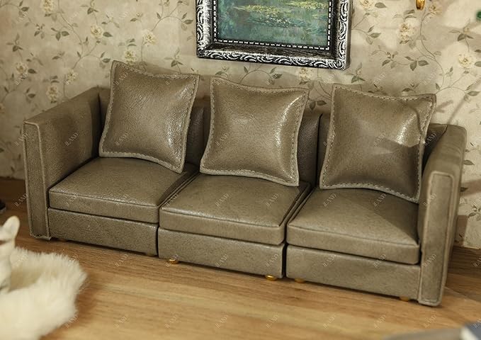 iLAND Dollhouse Furniture Miniature Sectional Couch Set for Doll House Décor Fit 1/12 Scale Accessories, Modern Gray Faux Leather Sofa Timeless & Classic