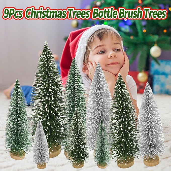 Yahpetes Christmas Trees 9 Pcs Artificial Bottle Brush Tabletop Trees Christmas Table Decorations for Xmas Holiday Party Decor (Silver,Green,Dark Green 9Pcs)