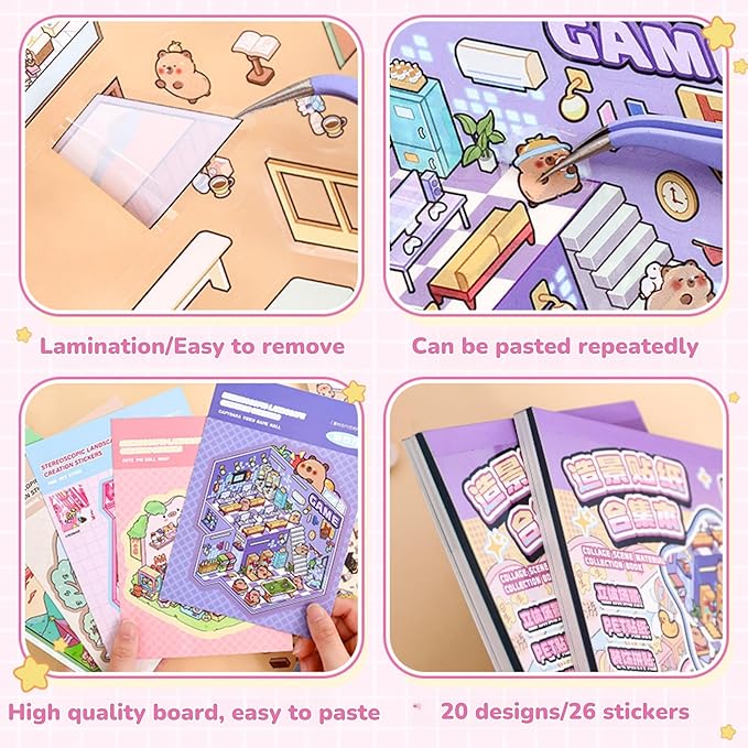 DIY 20 Sets 3D Sticker Scene Book - Stickers for Kids - Reusable Stickers - Improve Children's Imagination and Creativity - Enhance Parent-Child Relationship - Birthday Gift. (White)