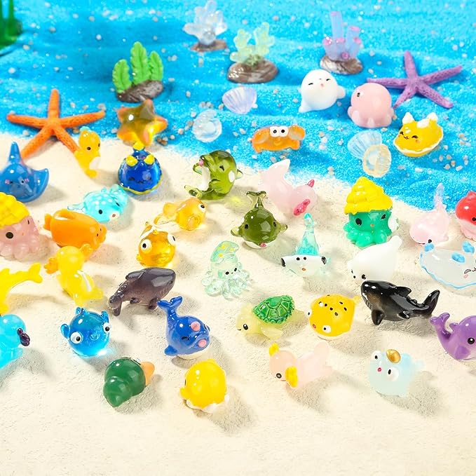 48pcs Mini Ocean Resin Animals Tiny Sea Animals Figurines Marine Miniature Plastic Aquarium Ornaments Decorations for DIY Fish Tank Potted Micro Fairy Garden Dollhouse Accessory