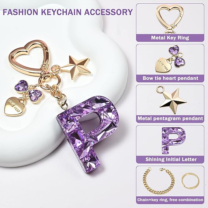 Cute Bling Keychain initial Letter Butterfly Star Pink Purple Gift for Women Girls Bag Cup Charms Accessories