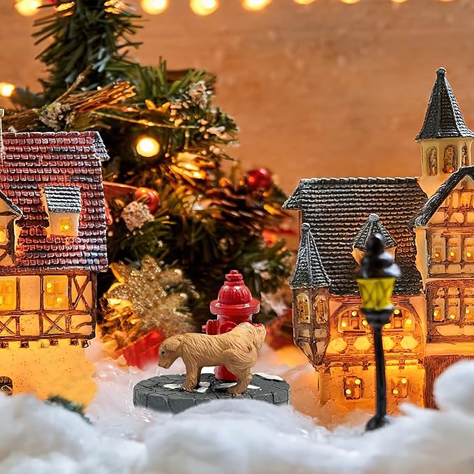 Christmas Village Accessories Santa's Dog with Fire Hydrant - Cute Puppy Sets Statue Resin Christmas Village Sets Ornaments for Snow Holiday Decoration