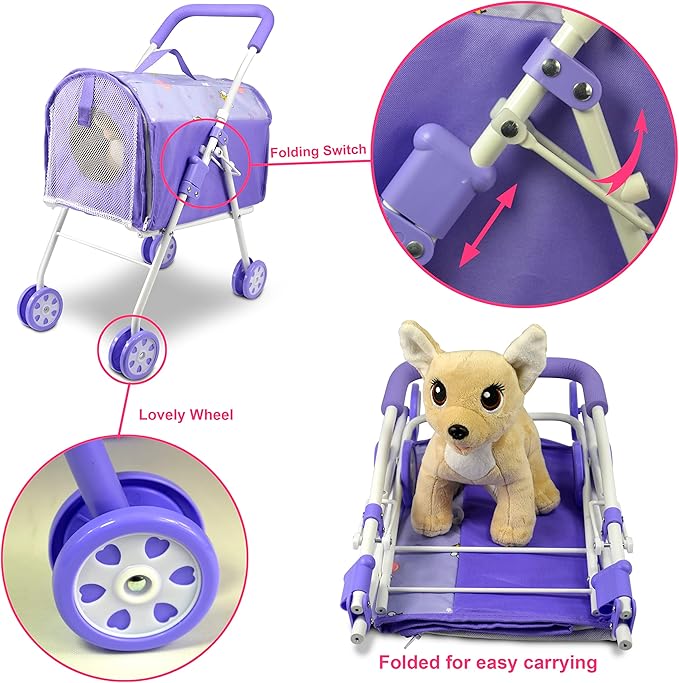 ANIVIA Pet Stroller and Accessories for Kids Ages 3 to 7 Year Olds, Dog Toy for Toddlers, 2 Pieces Play Dog Set, Puppy Party Playset with 1 Pet Puppy Included Purple