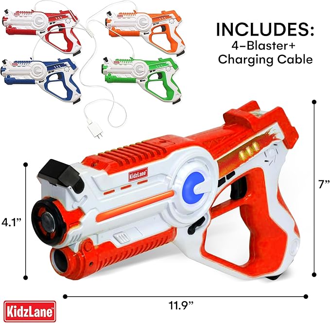 Kidzlane - Rechargeable Laser Tag Guns Set of 4 - High-Tech Infrared Laser Tag for Kids and Adults with Realistic Sounds, Vibrations and LED Lights - 4-Team Multiplayer Game