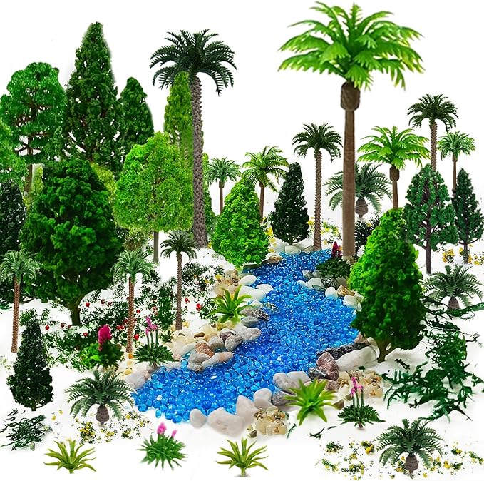 42Pcs Diorama Supplies Kit, Model Trees, Miniature Palm Trees, Architecture Tree, Decorative Sand, Stone, Grass, Moss Stick,Scenery Basing Material Kit for DIY Craft, Model Train Scenery