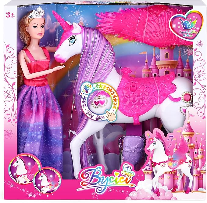 Baljinder Magic Unicorn & Princess Doll, Light-Up Unicorn Toys for Girls 3-6, Christmas Birthday Gifts for Kids Girls Aged 3 4 5 6 7 8