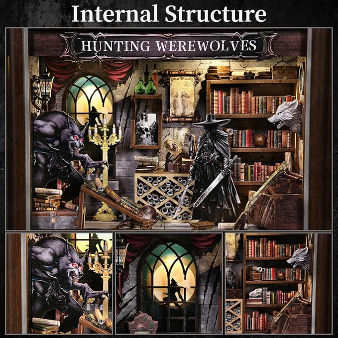 Book Nook Kit-3D Wooden Puzzle with LED Switch Control & Wall-Mountable Frame,DIY Miniature House for Beginners,Bookshelf/Tabletop/Wall Decor for Craft Lovers,Dollhouse Gift,Hunting Werewolves