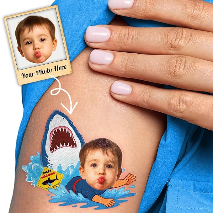 Custom Shark Temporary Tattoos for Kids - Personalized Pre-Cut Face Photo Tattoos - Fun Birthday Party Favors for Boys Girls, Shark Lovers - Set of 20 Unique Celebration Gifts