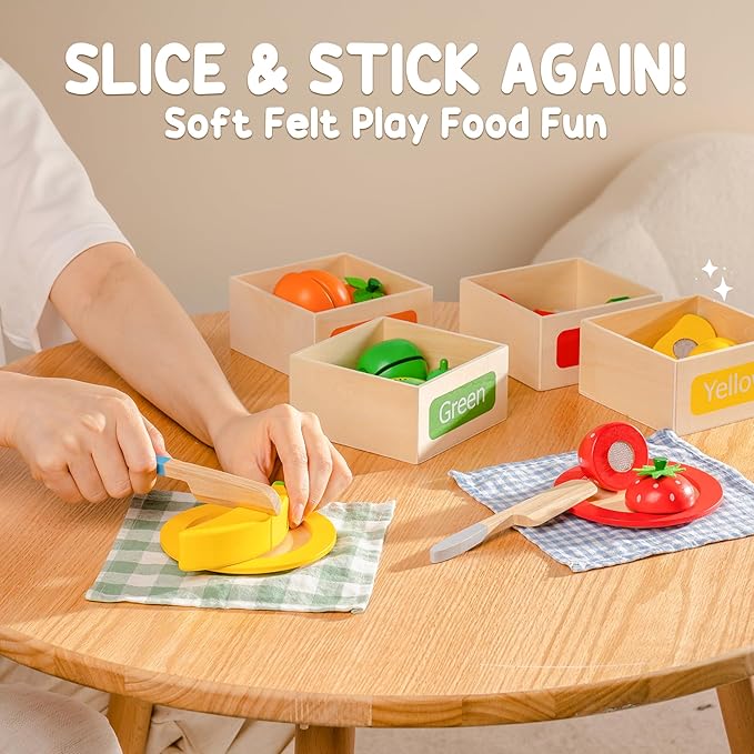 ROBOTIME Play Food Toys for Kids, Pretend Wooden Toy Food with Cutting Fruit Toys, Knife, Plate, Napkin and Fruit Sorting Storage Box, Play Kitchen Accessories, Color & Fruit Recognition for Kids 3+