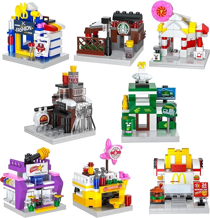 ZornRC 8 Packs Mini City Shop Street View Building Blocks Kit,MOC Construction Creative Educational Kit with Hair Salon & Café Store,Girls Boys Dream Toy Set,Christmas Birthday Party Favors for Kids