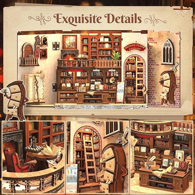 Book Nook Library Kit, DIY Miniature Dollhouse Booknook Kits for Adults Teens, Magic Bookshop 3D Wooden Puzzle Crafts Bookshelf Decor with LED Light, Gift for Family and Friends (Thames Bookstore)
