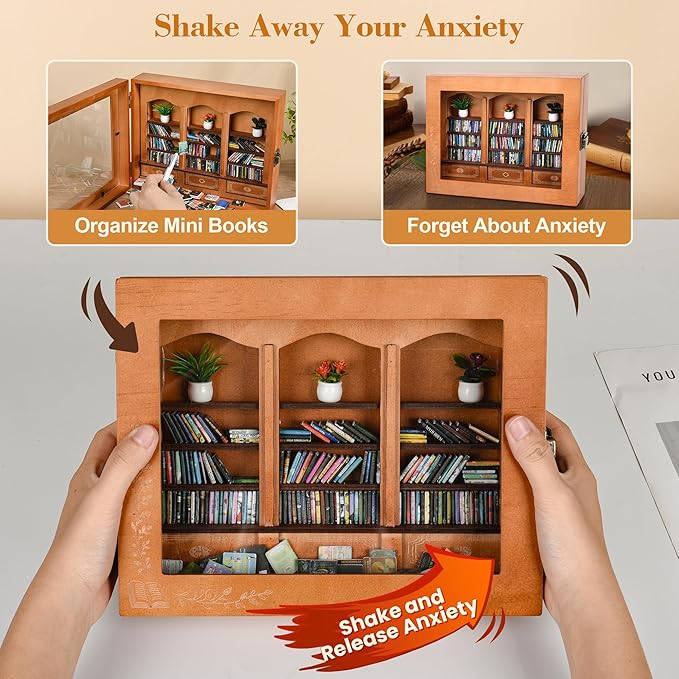 Anxiety Bookshelf with 200 Mini Books, Mini Library Decor, Shake Away Your Anxiety, Includes 1 Bookshelf, 3 Plant Flowers, and 1 Tweezers, Perfect for Book Lovers, Students, Family, and Friends