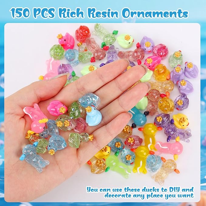 150pcs Mini Resin Animals, Miniature Animal Figurines to Hide, Tiny Resin Crown Ducks, Axolotls, Frogs for Party Favors Bag Fillers Dollhouse Decor(6 Styles)