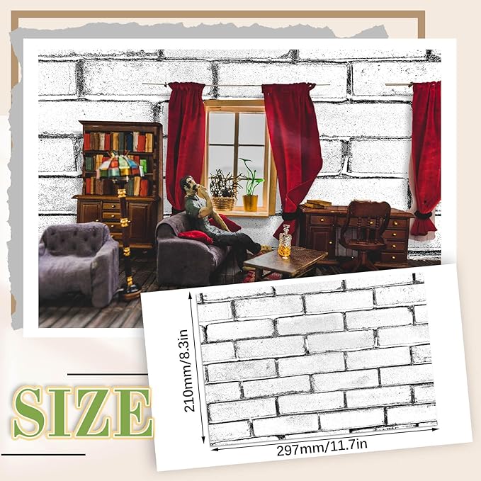 Flutesan 12 Pcs Miniature Dollhouse Wallpaper and Flooring Peel and Stick Mini DIY Self Adhesive Dollhouse Accessories 8.27 x 11.69 Inch (Retro White)