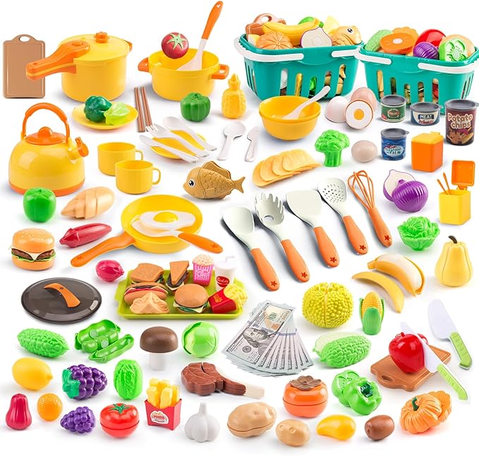240Pcs Kids Mini Play Kitchen Accessories, Play Pans, Pots, Cookware with Desserts, Cuttable Veggies & BBQ Set & Storage Basket, Prop Money, Learning Gift for Child，Toddlers, Child, Yellow