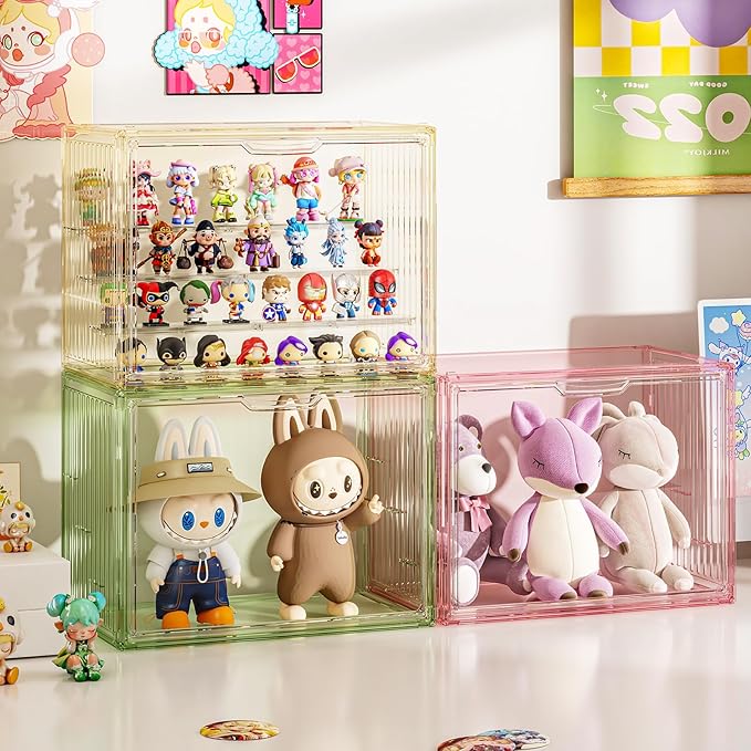 Colorful Figure Display Case for Collectibles 4 Layer Hobby Figurine Display Shelf Cases Stackable Display Boxes with Shelves for Pop Mart, Action Figures, Model, 3 Pack