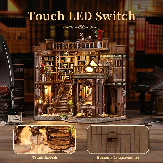 Hallisun DIY Miniature House Kit, Mini 3D Wooden Dreamy Book Hall Building Kit with Furniture and LED, Tiny Diorama Dollhouse Model Set, Handmade House Craft Birthday for Adults Teens