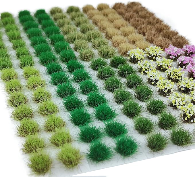 gdeplok 140 Pcs Static Grass Tufts & Miniature Flower Clusters - Artificial Grass Terrain Scenery Kit for Model Train Railway, Military Sand Table, DIY Diorama Landscape
