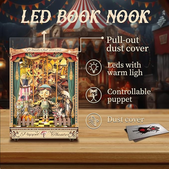 Adult Book Nook Kit, DIY Mini Dollhouse Book Corner Kit with LED Light and Dust Shield, Adult 3D Wooden Bookshelf Puzzle Book Corner Insertion Decorative Crafts - Puppet Theater (SQ-33)