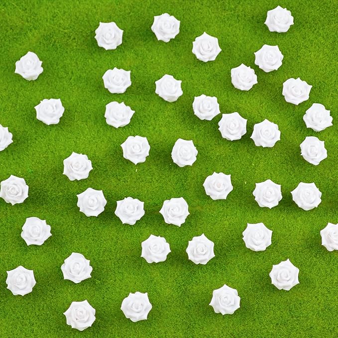 200 Pieces Tiny White Rose Decor for Dollhouse Mini Resin Decor for Crafts Tiny Things for Fairy Garden Micro Landscaping Decoration