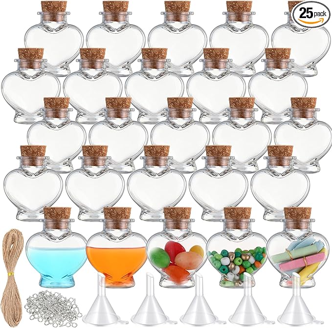 Bokon 25 Pack 1oz Plastic Mini Potion Bottles with Corks, Small Sand Art Jar Tiny Clear Liquor Bottles Bulk Wishing Vial for Birthday Halloween Valentines Party Favor DIY Craft (1.3x1.5 Inch,Heart)