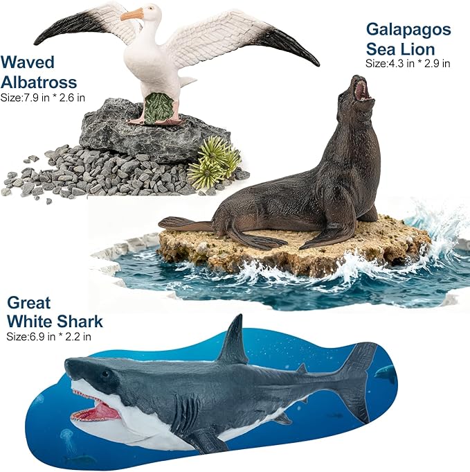 8PCS Large Galapagos Island Animal Figurines Set, Realistic Giant Tortoise Sea Animal Toys Includes Shark, Hawk, Crab, Sea Lion, Blue-Footed Booby, Educational Toys for Toddlers Kids