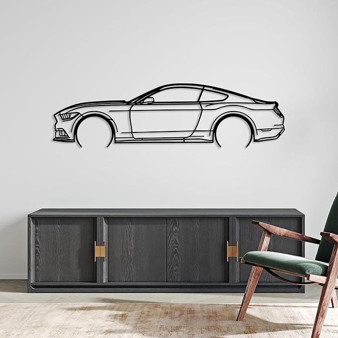 DecoSoul Mustang Metal Car Wall Art, Sports Car, Automotive Silhouette Line Decoration, Minimalist Sculpture for Garage, Indoor Outdoor Wall Hanging, Gift for Boyfriend (Black - 30 x 8.2” inch)