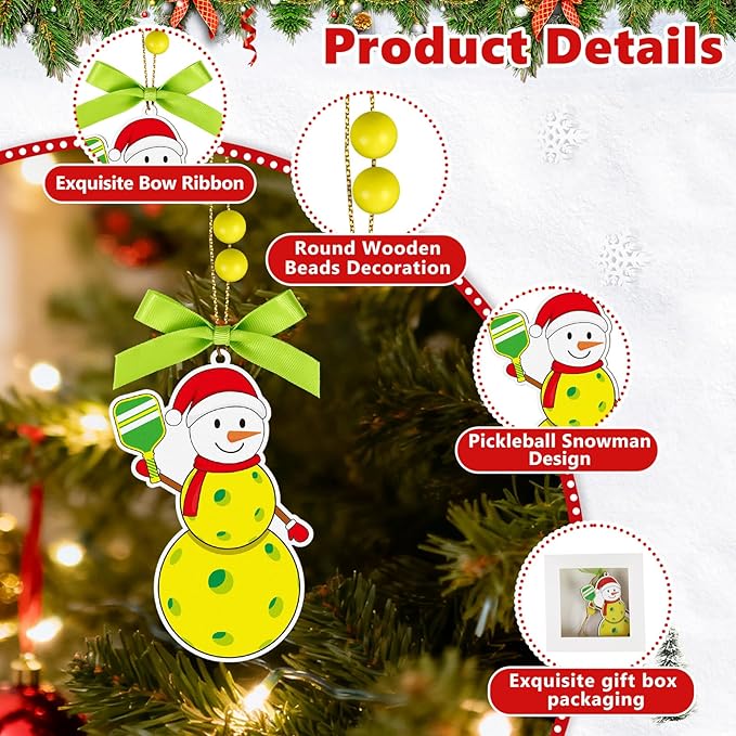 4.3 Inches Snowman Pickleball Christmas Ornament,Wooden Pickleball Snowman Tree Ornament Hanging Decoration for Rearview Mirror, Window, Eaves, Fireplace and Home Holiday Party Decor