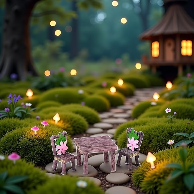 1Set Miniature Furniture Set, Mini Table and Chairs, Wooden Garden Decor for Tiny Houses, Micro Landscape Dollhouse Accessories