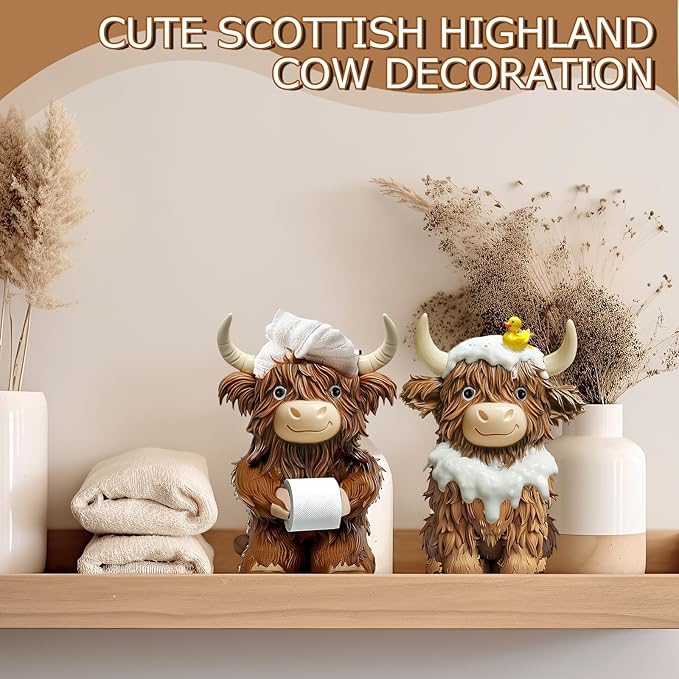 Burbell 2 Pcs Highland Cow Bathroom Figurines Bathroom Theme Highland Cow Christmas Gnomes Bath Resin Statue Calf Gifts for Christmas Farmhouse Home Garden Kitchen Office Tiered Tray Table Decor