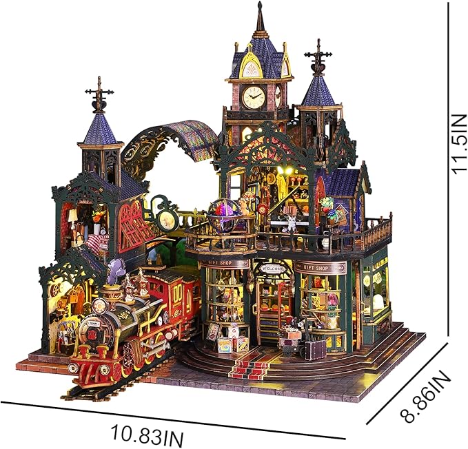 DIY Miniature House Kit: DIY Miniature Dollhouse Booknook Kit with Steam Train, 3D Wooden Puzzle Bookshelf Insert Decor with LED Light, Tiny Model House Building Adults Craft Kits Gift