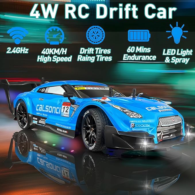1:16 Spray RC Drift Car for Kids 4WD 2.4GHz 40KM/H High Speed Remote Control Car with LED Lights Drifting Tires & 2 Batteries, Racing Sport Toy for Boys Girls (Blue)