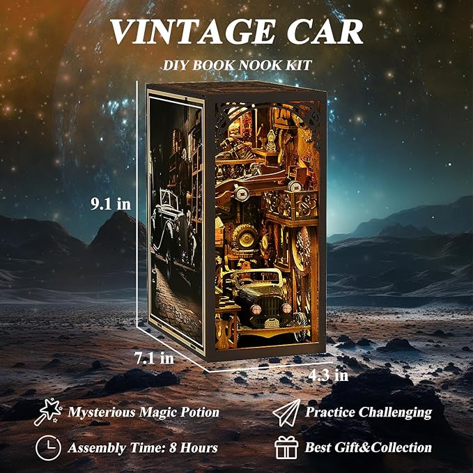 Book Nook Kit, 3D DIY Wooden Puzzle Dollhouse Kit for Adults & Teens, Book Nook Bookshelf Insert Decoration Bookend Miniature Kit with Sensor Light Creative Craft Home Decor, Vintage Car