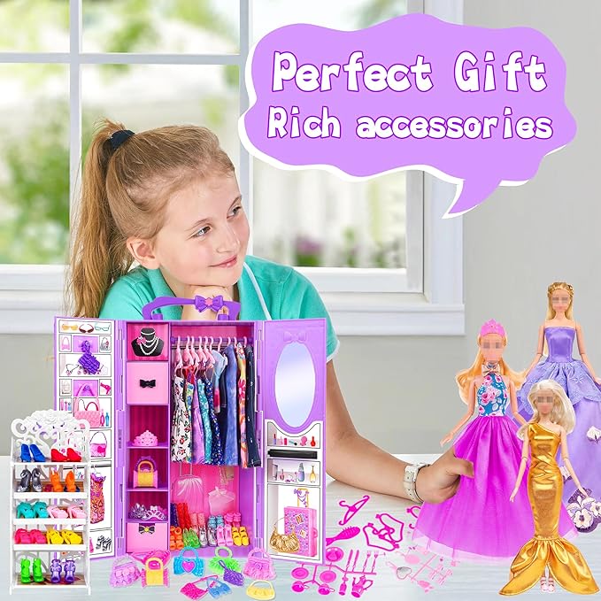 11.5 inch Doll and Doll Accessories - 101 Pcs Doll Closet Playest Including Shoes Rack,Dress,Shoes Hangers Accessories