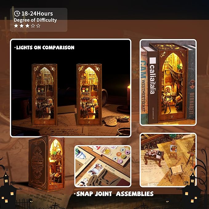 Kisoy Book Nook Kit, 3D Wooden Puzzle Booknook Build Bookshelf Decor, DIY Miniature House Kit for Adults and Teens, Mini House Arts&Craft Gifts for Family and Friends(Library of Book)