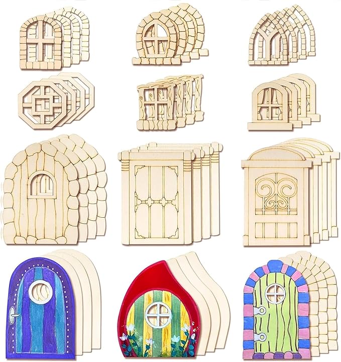 Halandar 48 Pcs Fairy Door & Window Craft Kit - Wooden Garden Doors, Unpainted Miniature Accessories for Home Party Event Decor - DIY Fairy House Decorations (Antique)