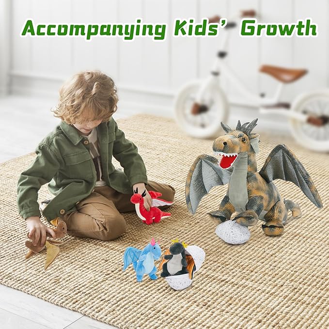 7Pcs Gray Dragon Plush Toy Set, Mother Flying Dinosaur Stuffed Animal with 4 Baby Dragon & 2 Eggs Inside, Dinosaur Stuffed Toy for Kids, Christmas Birthday Children's Day Gift for Boys Girls