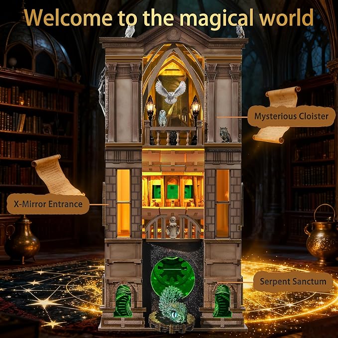 Book Nook Kit - DIY 3D Wooden Puzzle Magic Miniature House with LED Lights - Creative Crafts for Adults - Bookshelf Insert Decor - Educational Gift for Family & Friends（Whispering Gate X）