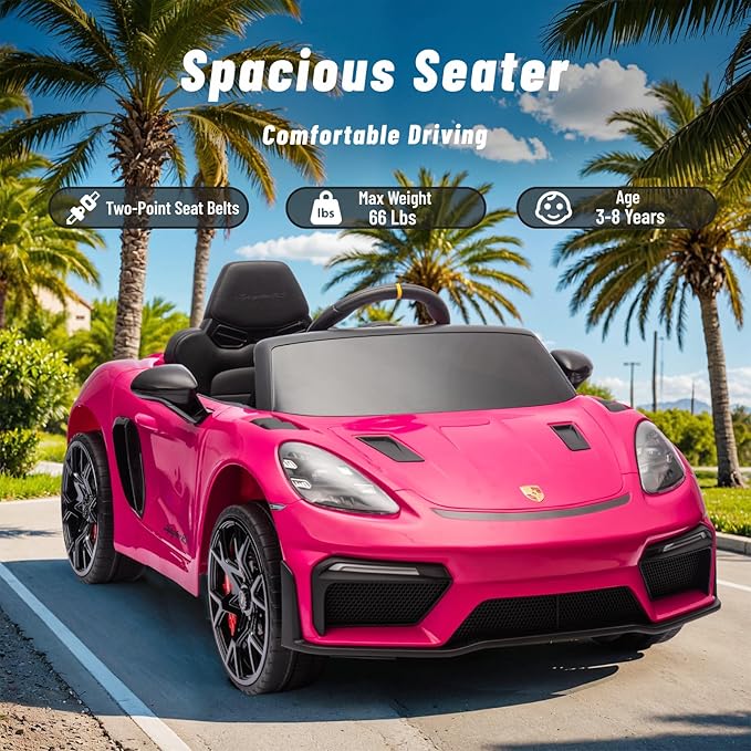 12V Ride on Car Licensed Porsche 718, Kids Electric Car with Remote Control, Front/Rear LED Light, Radio, USB/AUX, Openable Doors, Suspension Function, Durable Tires (Pink)