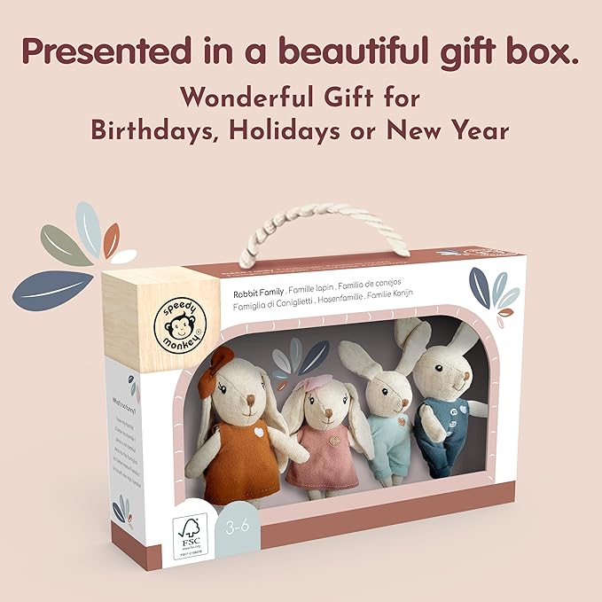 SPEEDY MONKEY Rabbit Family Set – Miniature Bunny Figures with Parents & 2 Baby Rabbits – Pretend Play Doll House Family for Kids, Toddlers, Girls – Cute Dollhouse Decor Toy