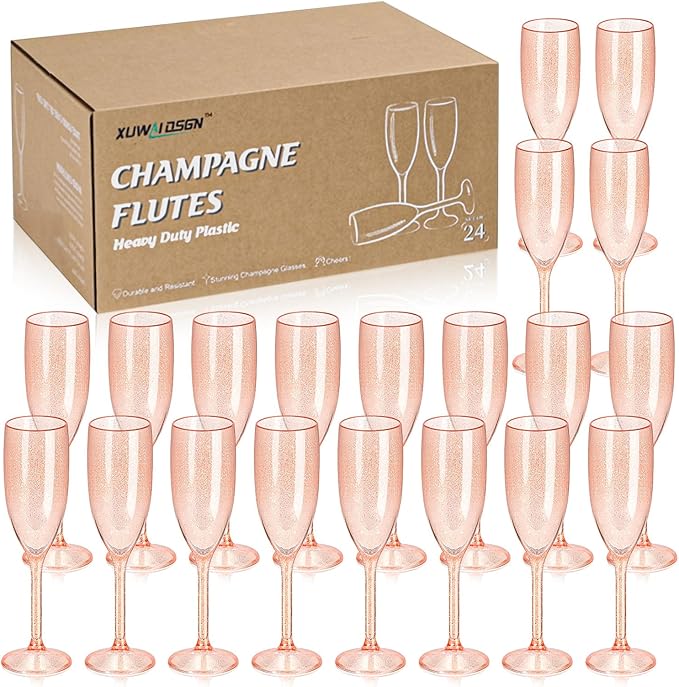 XUWAIDSGN 24 Pcs Reusable Champagne Flutes Plastic Wine Glasses Bulk Vintage Champagne Flutes Mimosa Bar Glasses Stemmed Drinking Cups 5.4OZ for Christmas Birthday Wedding Bride