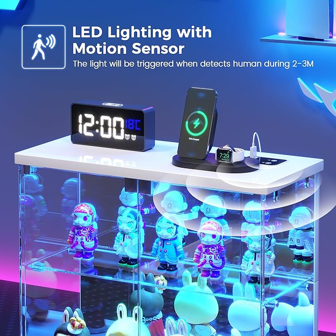 2pcs LED Clear Glass Display Case - for Figures & Collectibles, Small 2-Tier Display Cabinet with Charging Station, Display Box with Lights & Human Sensor, for Model Car, Perfume, White