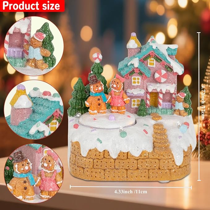 innodept12 Animated Gingerbread House Christmas Decoration – Pre-Lit Musical Resin Village Figurine with Rotating Gingerbread Characters and LED Lights for Indoor Holiday Tabletop Display