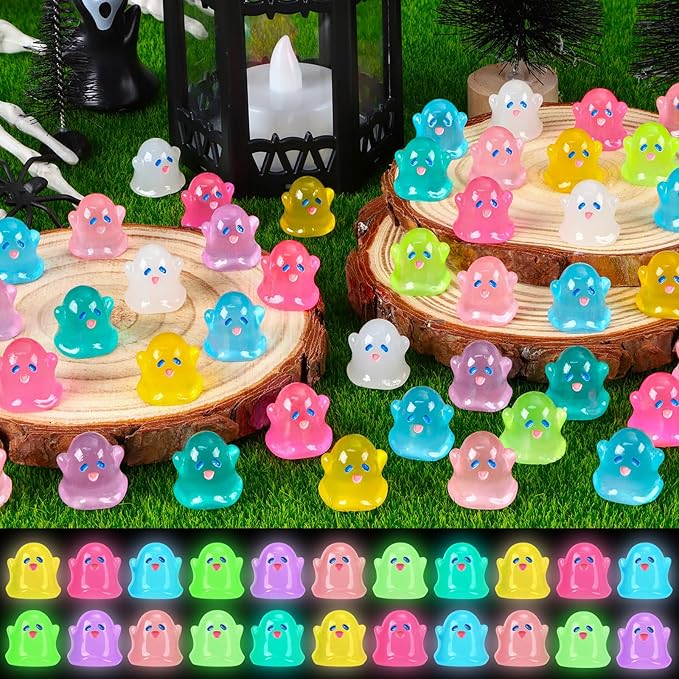 132pcs Halloween Luminous Mini Ghosts Figures 8 Colours Glow in The Dark Miniature Resin Ghost Figurines to Hide Bulk Tiny Small Statue for Halloween Party Favors Micro Garden Dollhouse Decorations