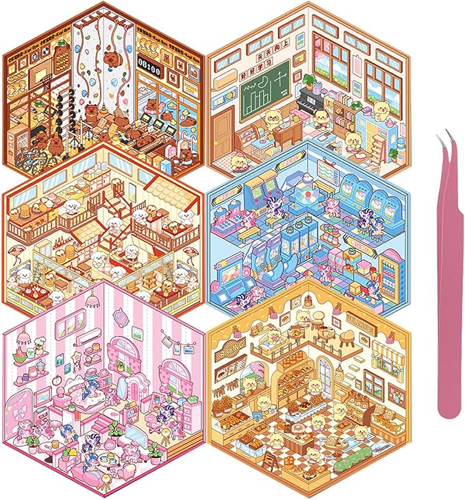 DIY 3D Sticker for Kids, Stocking Stuffer, 6 Sets of Cute Stickers for Girls Adult Isometric Sticker Scene Kids Reuseable and Waterproof Stickers, Holiday & Christmas Fun