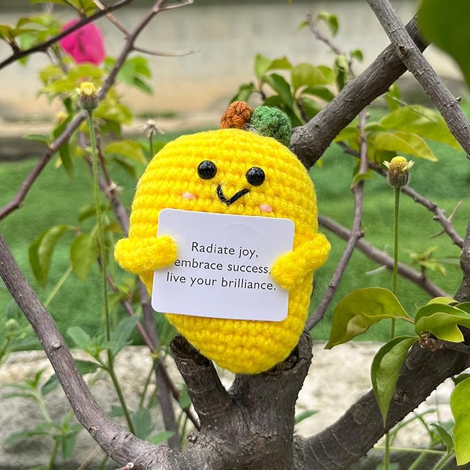 Emotional Support Mango Gifts Crochet, Positive Fruit Cute Funny Cool Office Desk Decor Decorations for Her Women Men (Mango-1)