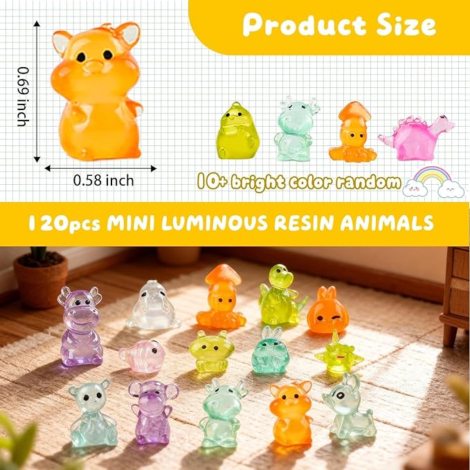 120pcs Multicolor Mini Resin Animals Luminous Tiny Ducks Figures for Micro Fairy Garden Accessories Micro Landscape Ornaments DIY Mini Outdoor Decor Dinosaur Rabbit Flamingo Owls Ocean Creature